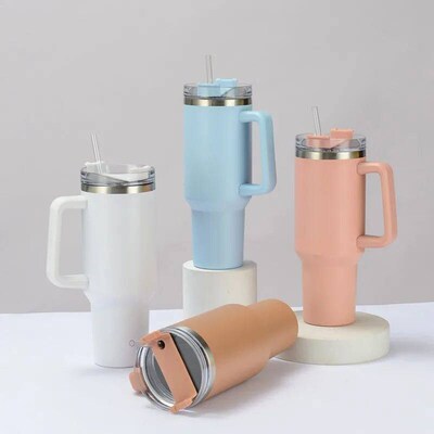 1200ml Insulated Tumbler With Lid and Straws Stainless Steel