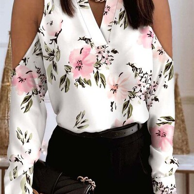 England Style Women Letter Flower Print Blouse Hollow Out