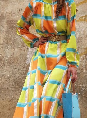Spring High Neck 3/4 Sleeves Print Long Beach Dress Women Fa
