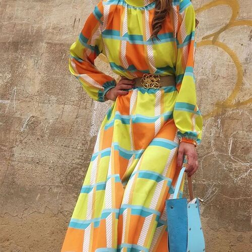 Spring High Neck 3/4 Sleeves Print Long Beach Dress Women Fa