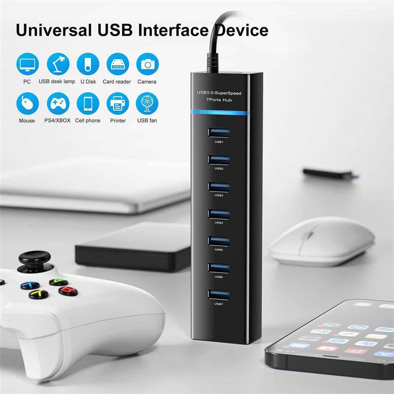爆款灯条7口USB3.0分线器一拖七转换集线器 笔记本电脑高速扩展多