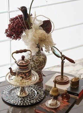 OMENIA欧式轻奢样板间餐桌边几桌面茶具花艺中古摆件组合软装陈设