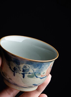独清 荷塘花鸟杯 中式复古陶瓷青花手绘品茗杯单杯功夫茶杯