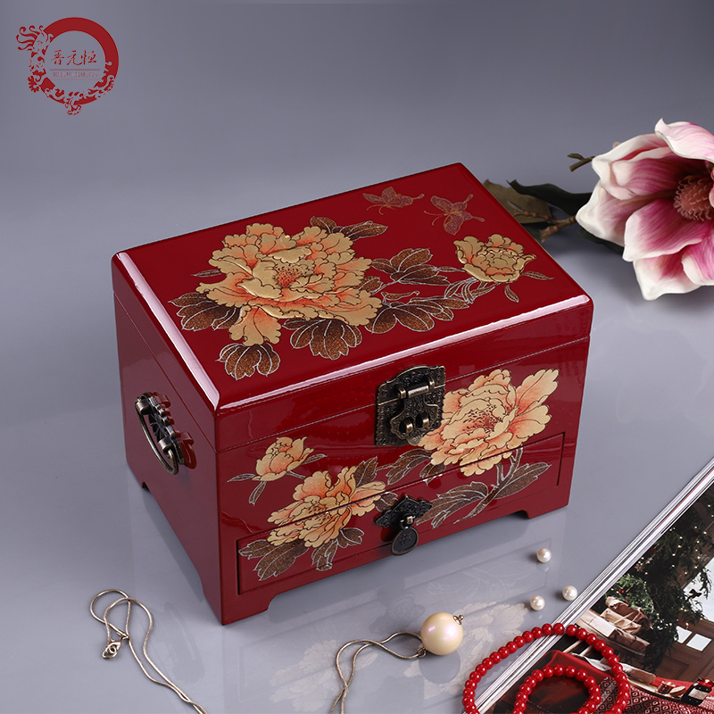 大容量首饰盒复古风妆奁盒中式结婚礼物古典漆器盒送妈妈母亲饰品