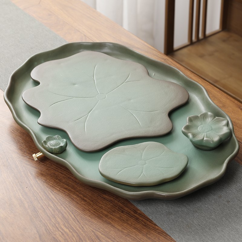 陶瓷茶盘家用办公轻奢绿色功夫茶台创意茶具托盘蓄排水茶海干泡台
