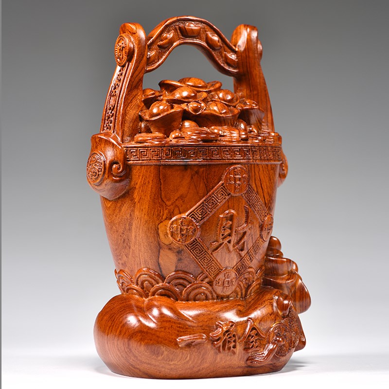 花梨实木雕刻一桶金摆件金元宝客厅家居电视柜装饰工艺品开业送礼