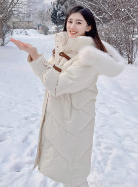 中长版大尺码连帽大毛领羽绒棉服女冬加厚2023年新款韩版宽松面包
