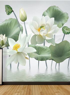 新中式电视背景墙布水墨禅意莲花客厅沙发壁纸轻奢3d荷叶茶室墙纸