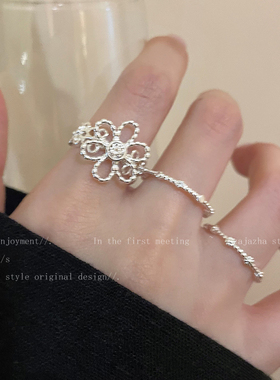银色花朵锆石开口戒指女小众设计闺蜜食指戒轻奢高级感情侣指环潮