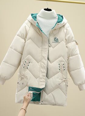 羽绒棉服女中长款冬季2021新款小众印花加厚棉衣休闲女士棉袄外套