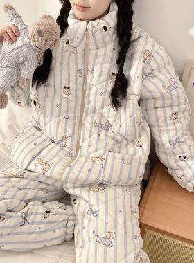 冬季三层夹棉月子服12月份加绒加厚棉服孕妇产后大码哺乳期睡衣