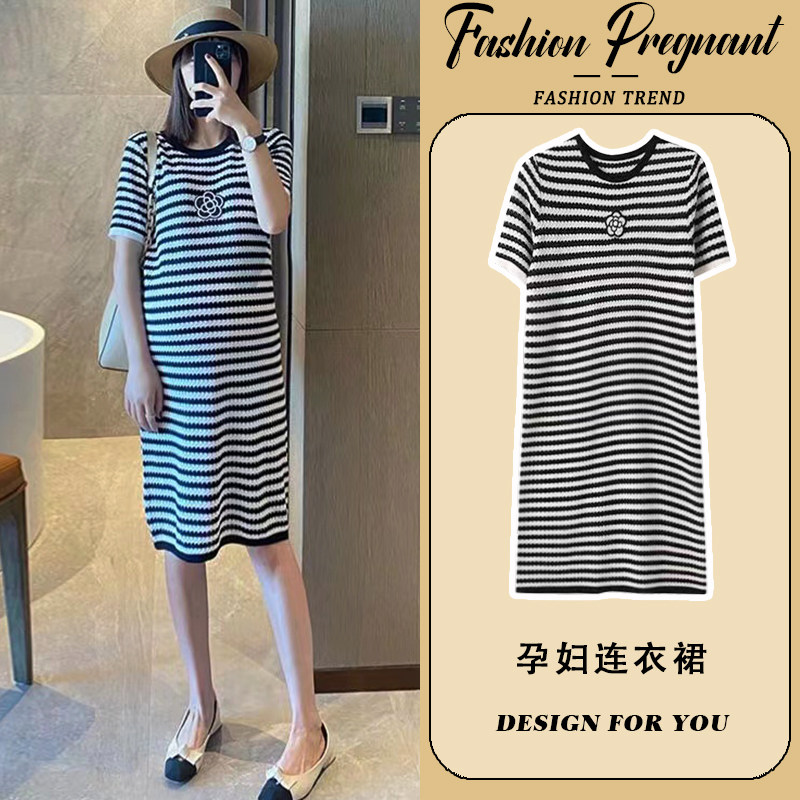 孕妇连衣裙夏季2024新款黑色针织条纹中长款宽松显瘦休闲圆领短袖,孕妇装/孕产妇用品/营养,连衣裙,淘宝优惠券,粉丝福利购,淘宝优惠卷