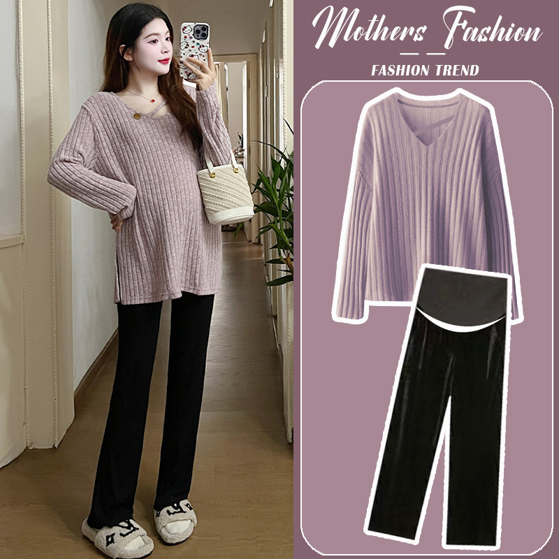 孕妇套装春秋冬季2024新款针织内搭紫色打底衫长袖上衣裤子两件套,孕妇装/孕产妇用品/营养,连衣裙,淘宝优惠券,粉丝福利购,淘宝优惠卷