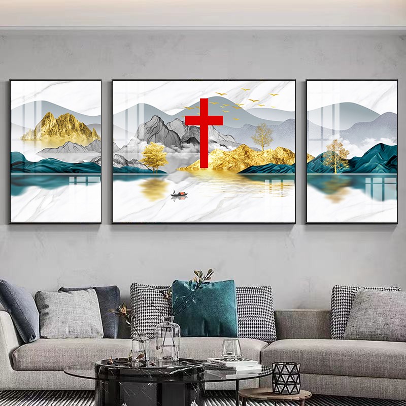 现代简约客厅沙发背景墙抽象几何十字架挂画轻奢墙壁装饰画三联画