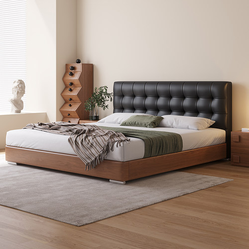 子博中古风榉木实木软包真皮床