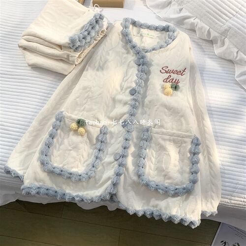 秋冬季产后纯棉夹层空气棉月子服孕妇哺乳睡衣11月份12住院家居服