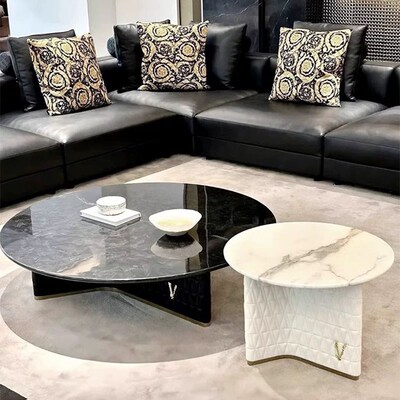 天然大理石圆形茶几意式简约轻奢豪奢真皮刺绣豪华别墅客厅茶几桌