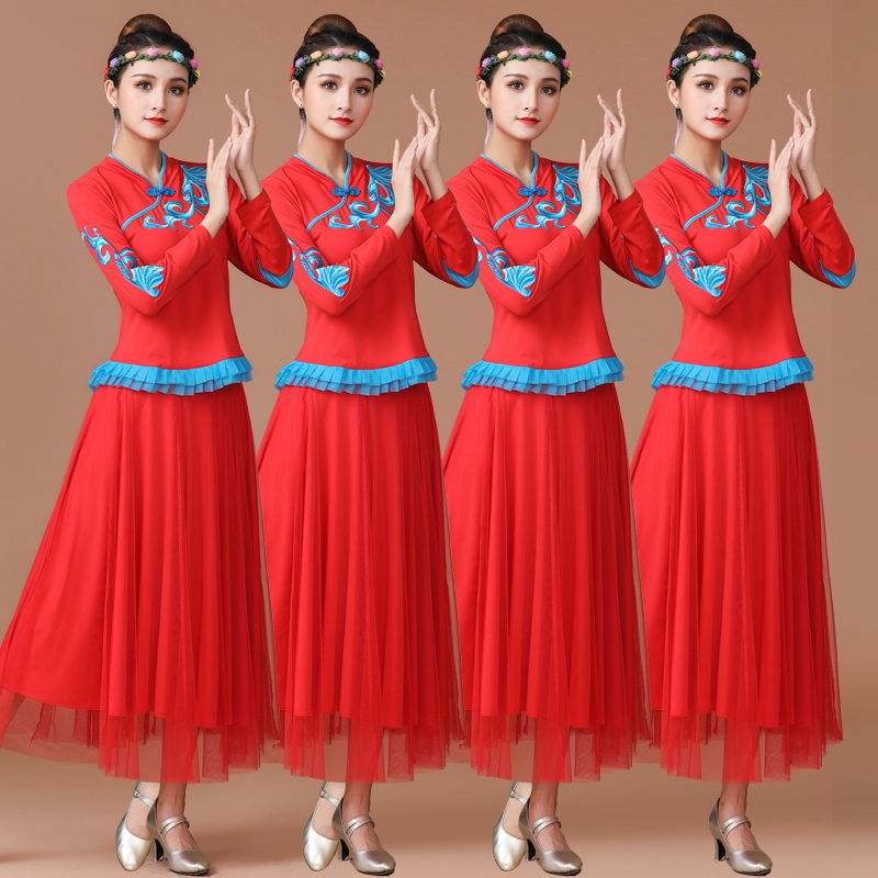 广场舞服装民族风演出服女长裙春秋长款2020新款时尚扇子舞服套装