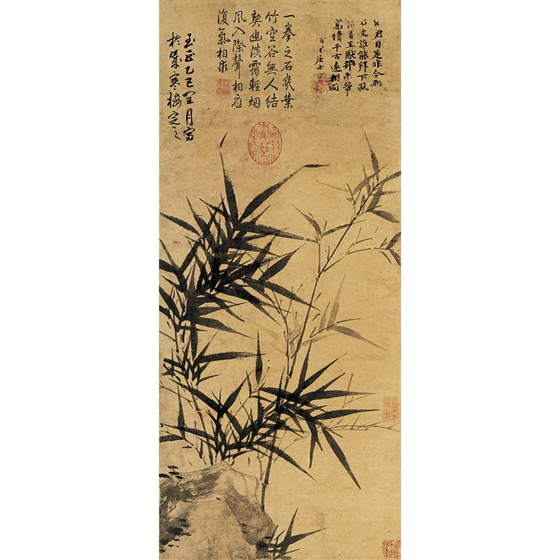 元 顾安 拳石新篁图 复古国画花鸟墨竹图 微喷复制 中式卷轴玄关