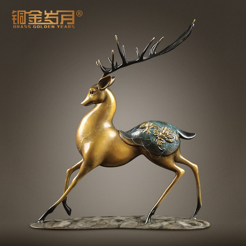 铜金岁月黄铜鹿摆件梅花福鹿新中式玄关家居装饰品