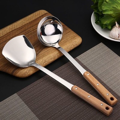 仿烫木柄不锈钢锅铲汤勺漏勺炒菜铲子厨具套装厨房家用炒勺塑料把