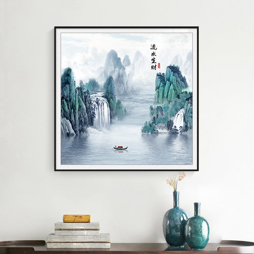 新中式己水生财山款线绣客厅手工刺绣风景新水画自流绣
