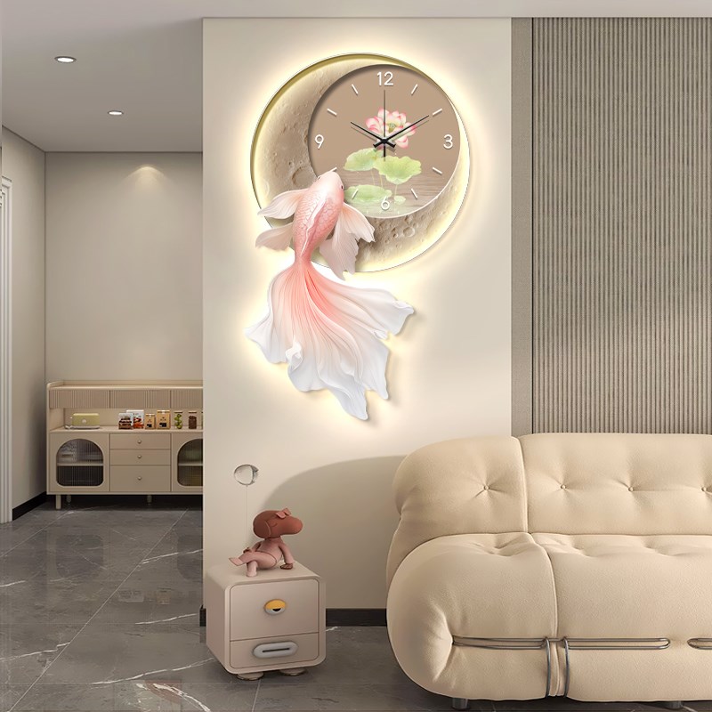 锦鲤钟表客厅挂钟装饰画创意发光餐厅灯画电视背景墙时钟玄关挂画