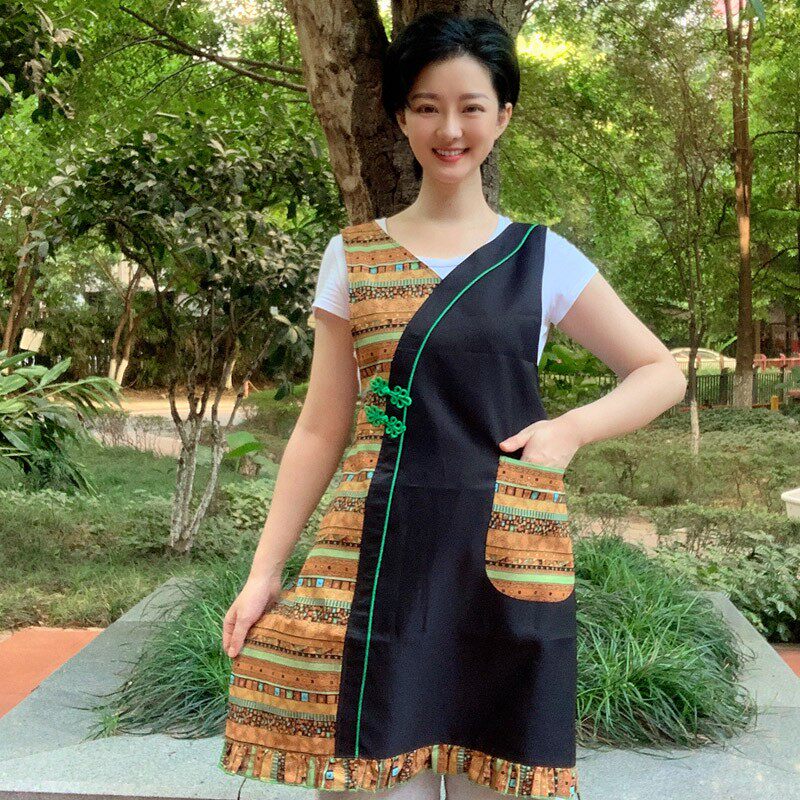 中式盘扣复古民族风防水防油厨房家用围裙7女款花布围腰套装