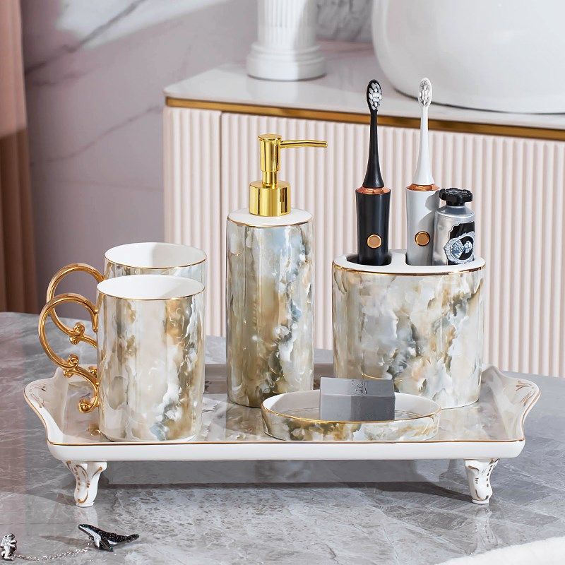大理石纹陶瓷杯套装轻奢高级浴室用品套件欧式漱口杯托盘家用,家庭/个人清洁工具,洗漱杯,淘宝优惠券,粉丝福利购,淘宝优惠卷