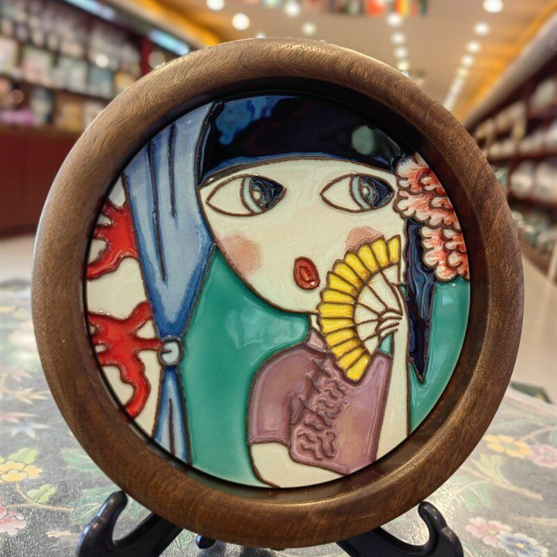 浮雕圆茶盘高送河纯手盘托盘收纳盘桌面摆件两礼茶具绘装饰品摆件