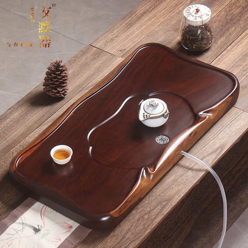 黑檀木茶盘整块实木家用茶台木红木茶海功夫茶具托盘排水简约