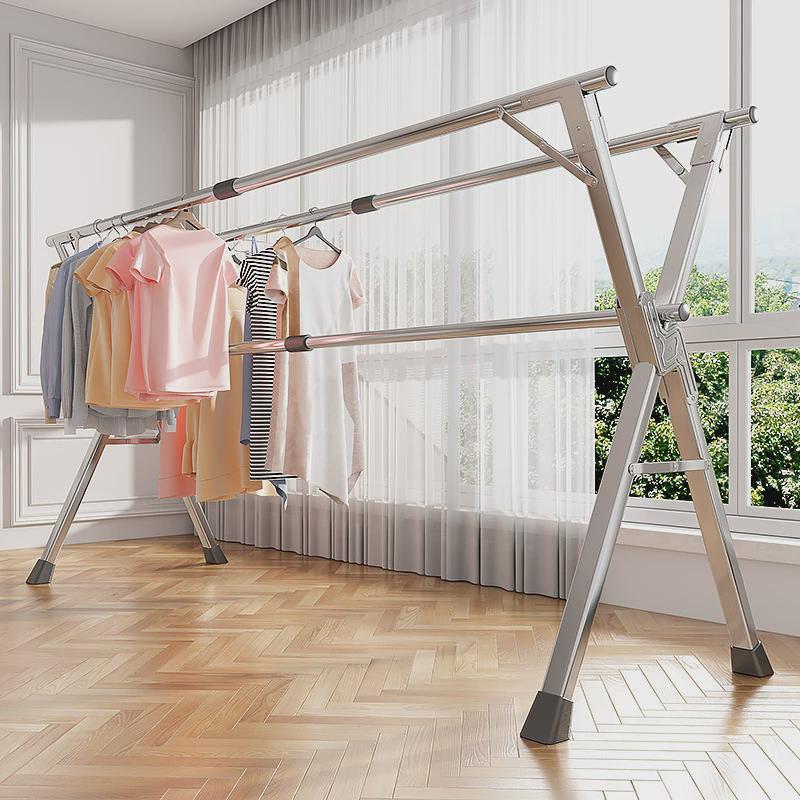 不锈钢落地晾衣架卧室内伸缩家用晒被子衣凉阳台杆折叠金属晒衣架