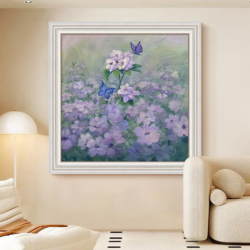 紫气东来客厅装饰画奶油风紫色花卉蝴蝶肌理手绘油画入户玄关挂画图片