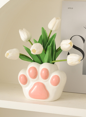 陶瓷猫爪花瓶客厅玄关电视柜装饰摆件插花可爱办公室女生礼物创意