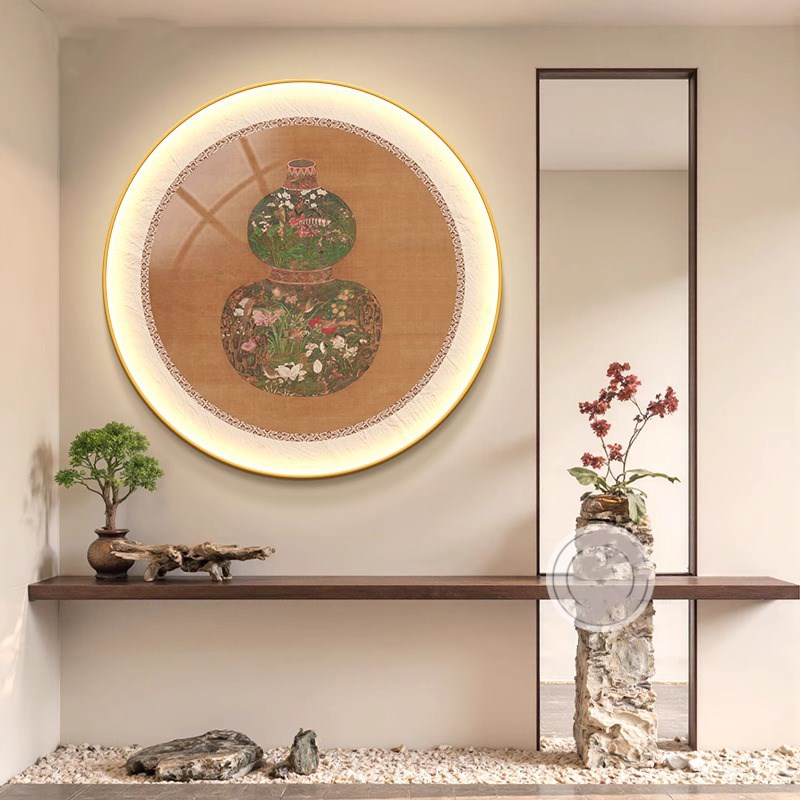 福禄葫芦圆形挂画新中式正对门客厅玄关装饰画好寓意酒店餐厅壁画图片