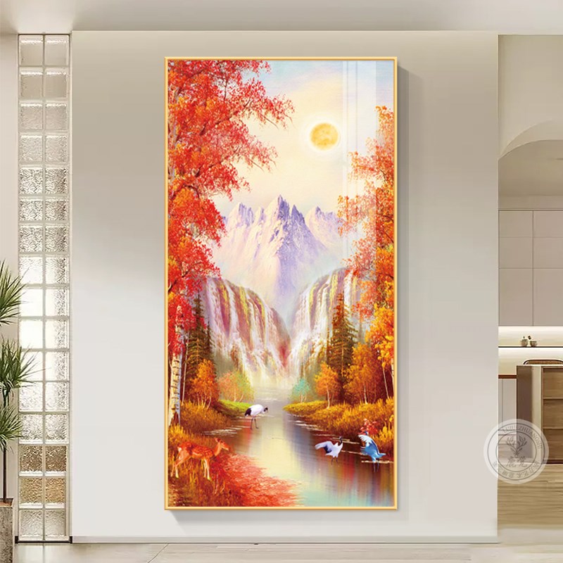 鸿运黄金玄关竖版红道挂画壁画枫叶高档晶瓷满地过当头走廊装饰画