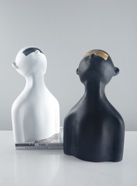 黑白色抬头蒙眼半身人物树脂雕塑样板房客厅售楼中心玄关软装摆件