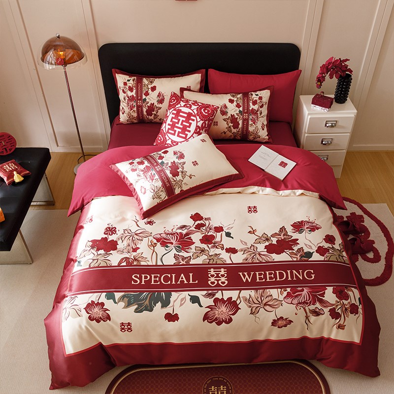 新中式结婚四件套红色印花被套陪嫁婚房床上用品婚庆全棉床单