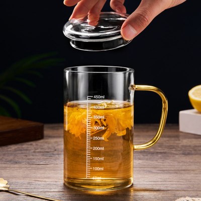 孟瀚玻璃杯耐高温喝茶杯带刻度水杯泡茶杯吸管杯办公室透明花茶杯