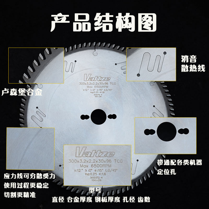 沃兹木工精密裁板锯推台锯锯片字母锯合金圆锯片12寸300*96/72齿
