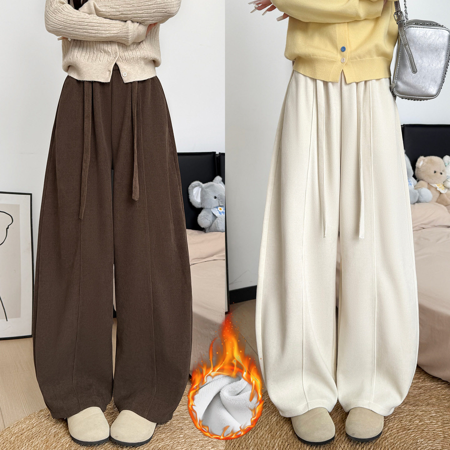 棕色灯芯绒弯刀裤女2025新款秋季加绒直筒裤美拉德慵懒休闲阔腿裤,女装/女士精品,棉裤/羽绒裤,淘宝优惠券,粉丝福利购,淘宝优惠卷