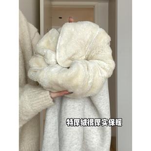 白色加绒加厚卫裤女秋冬2025新款高腰宽松运动束脚东北羊羔绒棉裤