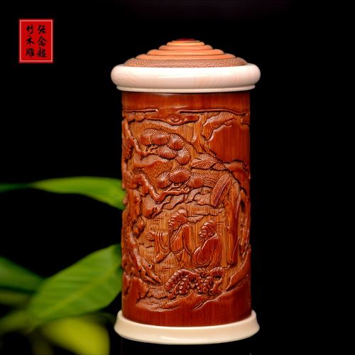拆房老竹雕茶叶筒张念超本工茶叶罐渔樵耕读茶筒竹制密封罐存茶罐