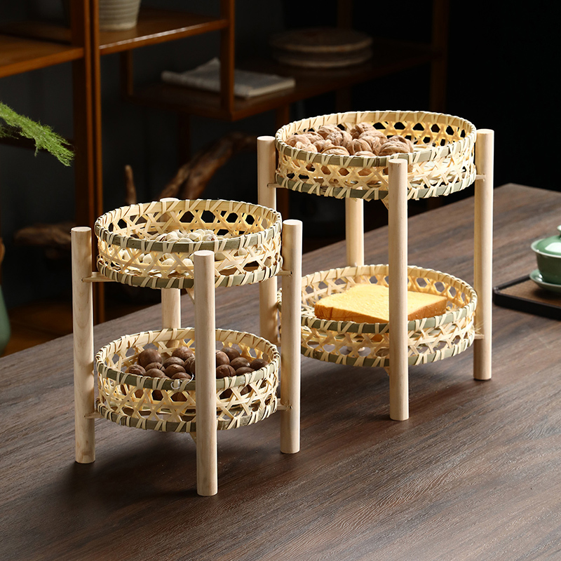 竹制品双层点心篮实木架收纳筐镂空竹篮厨房客厅水果盘干果盘