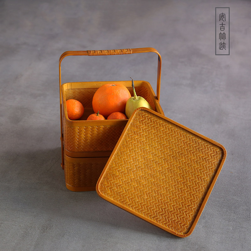 送风提篮仿古茶具收纳盒茶箱果篮古饭旅行野炊大漆手提盒食盒