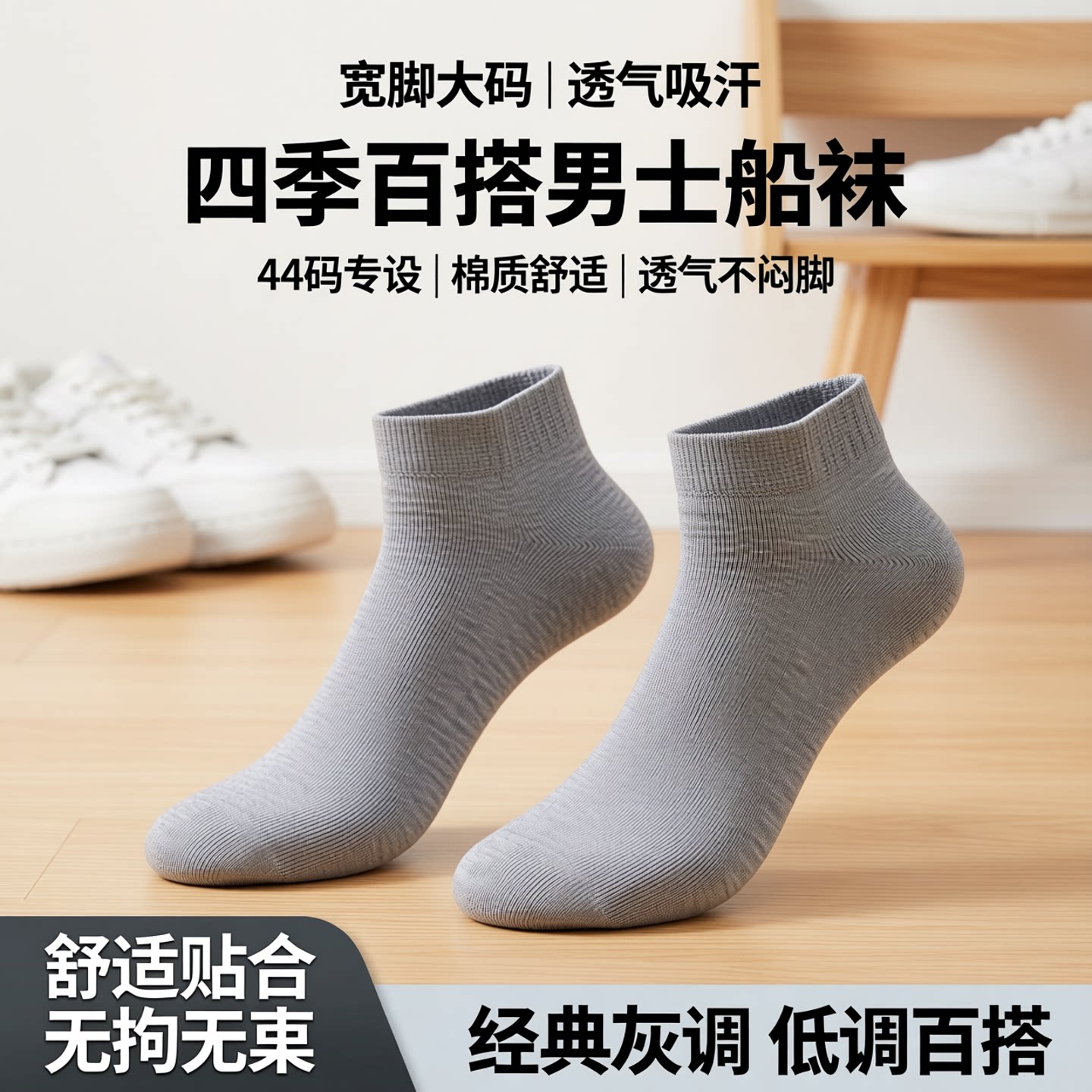 宽脚大码男士短筒袜透气吸汗男船袜四季款棉袜44码短袜黑白灰袜子