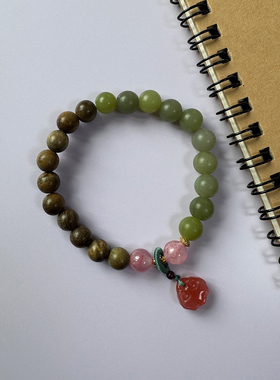 女士青玉绿檀木如意玛瑙手串青绿色珠子手串天然玉石玉髓国风手链