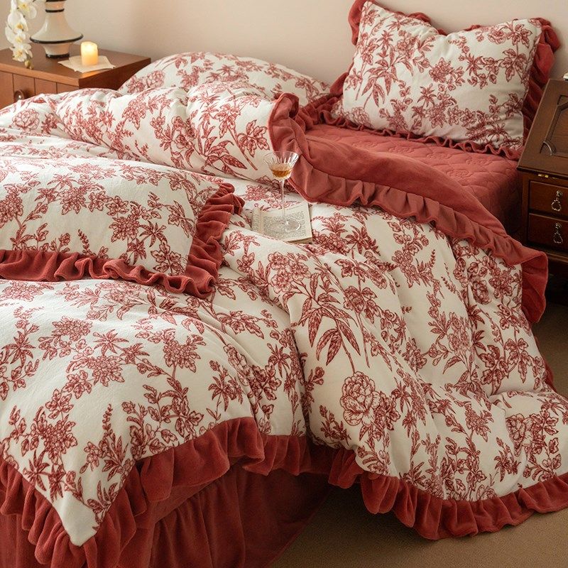 加厚结婚庆复古风高端冬季珊瑚毛绒床盖保暖床品,床上用品,婚庆床品套件,淘宝优惠券,粉丝福利购,淘宝优惠卷