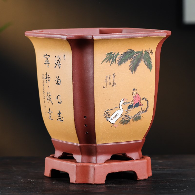 宜兴精品紫砂花盆兰花盆君子兰花盆大号陶瓷花盆高档客厅方盆带托