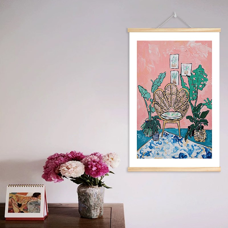 马蒂斯粉色系布艺卷轴挂画美式喵咪客厅装饰画电表箱遮挡挂墙壁画图片